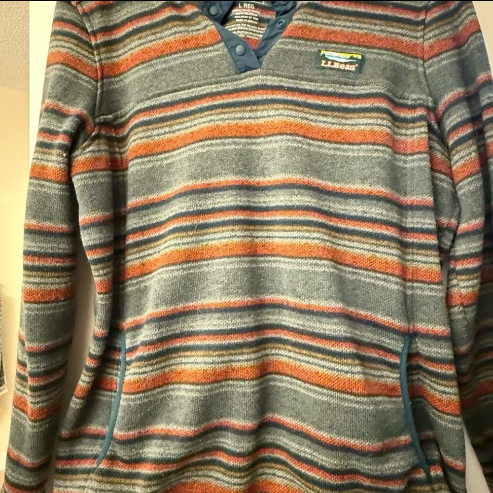 L.L. Bean Women’s V-Neck Sweater - Gray and Orange Stripes
